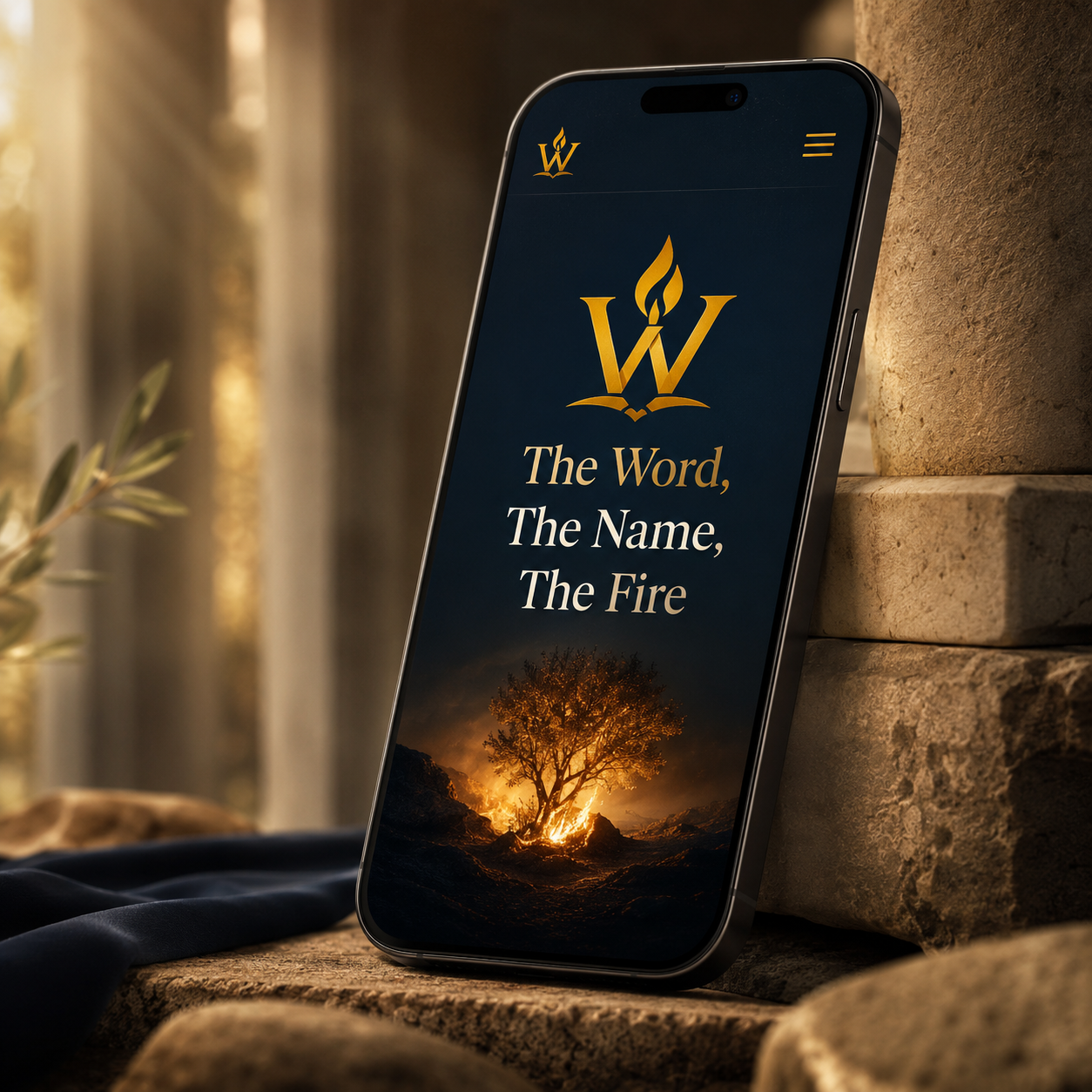 Smartphone displaying The Word, The Name, The Fire website